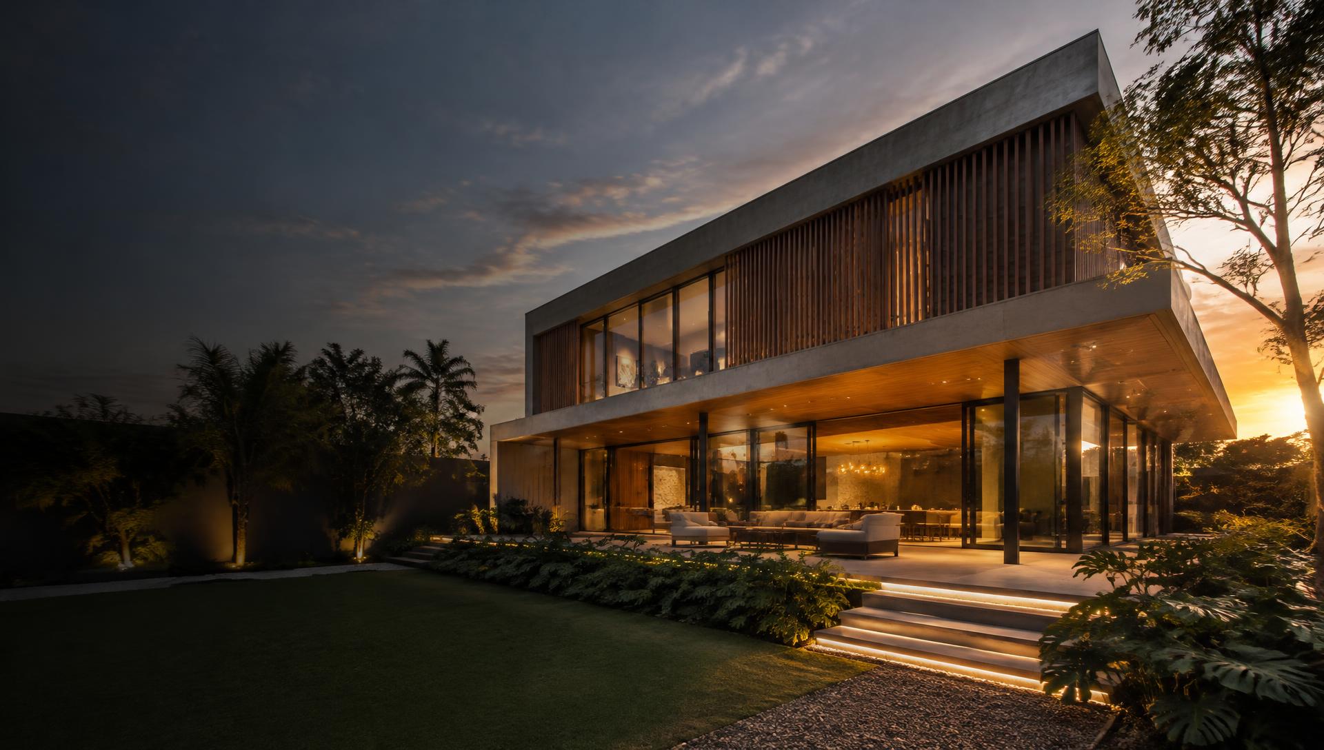 Casa contemporânea com arquitetura em concreto e madeira ao entardecer